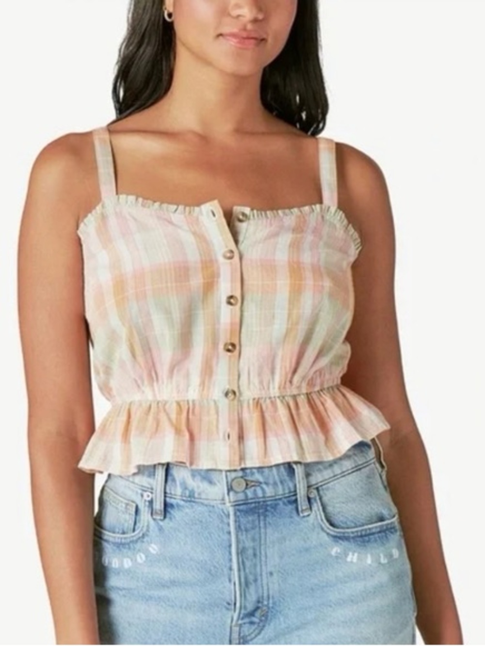 Lucky Brand Pastel Plaid Ruffle-Trim Button Front Cami